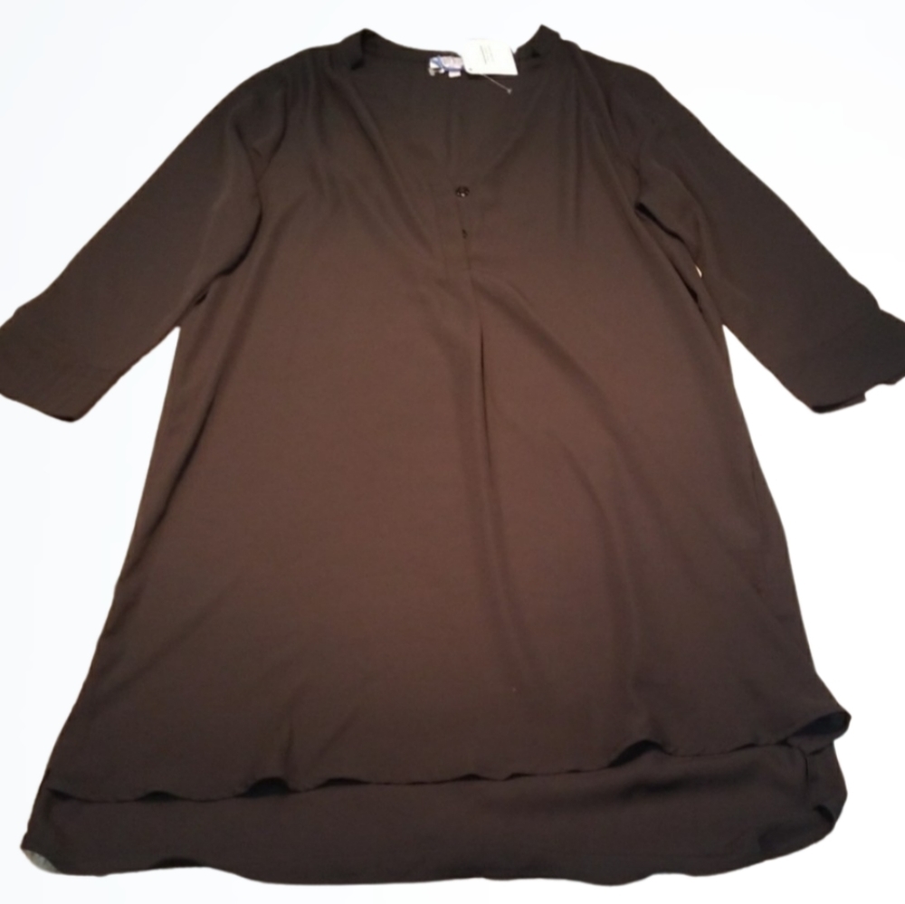 Tea n Rose 3/4 Sleeve Black V Neck Tunic Dress Med - Picture 1 of 6